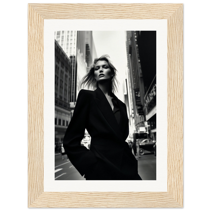 Black-and-white photograph of a woman in a dark coat standing on a city street.