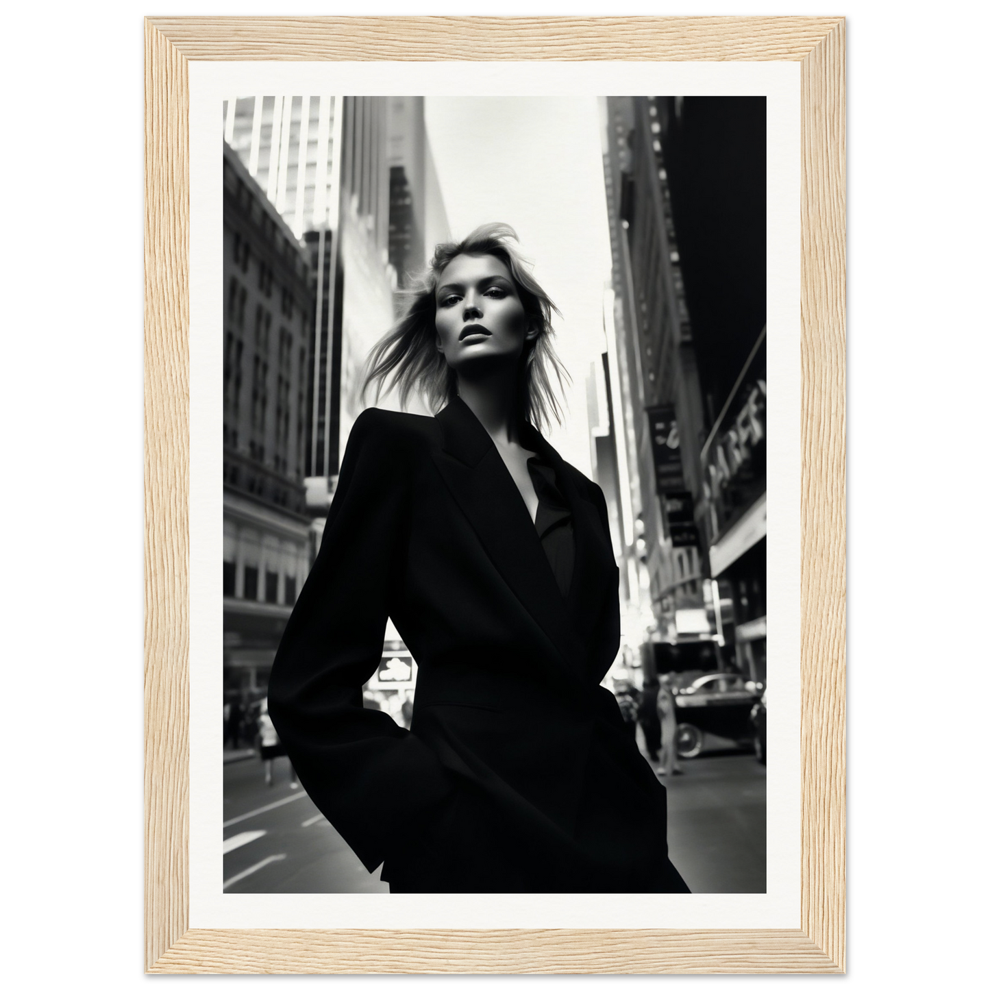 Black and white photograph of a woman in a dark coat standing on a city street.