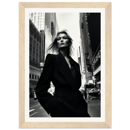 Black and white photograph of a woman in a dark coat standing on a city street.