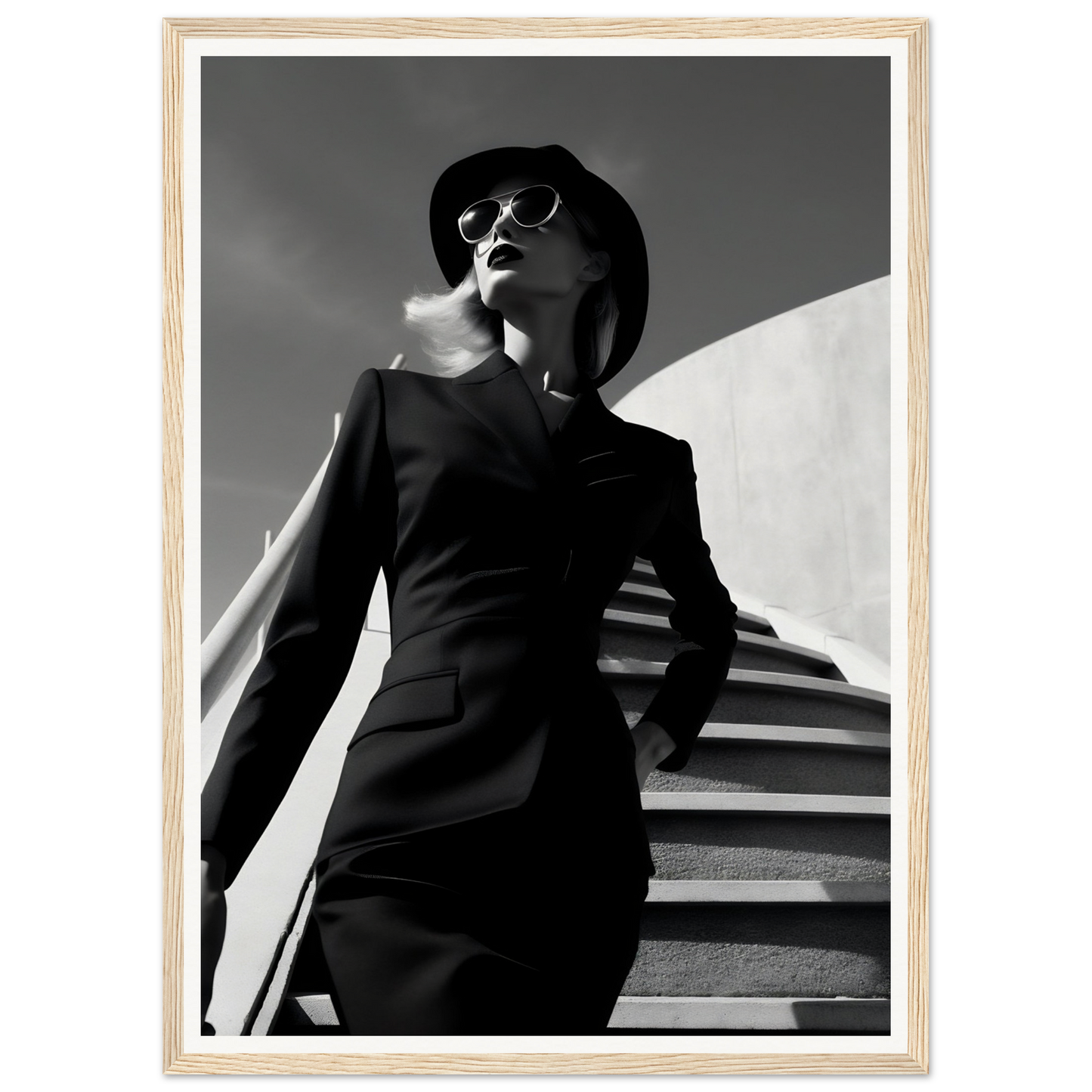 Stylishly dressed woman in a hat and sunglasses posing on stairs.