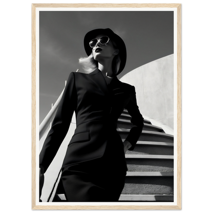 Stylishly dressed woman in a hat and sunglasses posing on stairs.