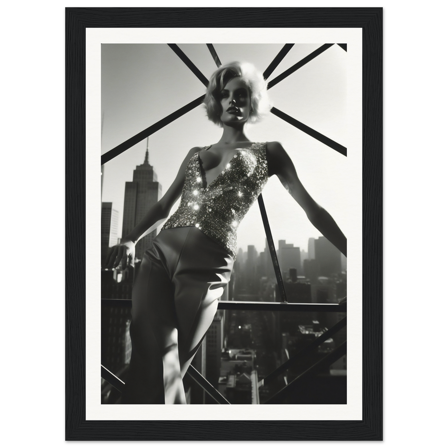 Black and white photograph of a woman in a glittery bodysuit posing against a city skyline.