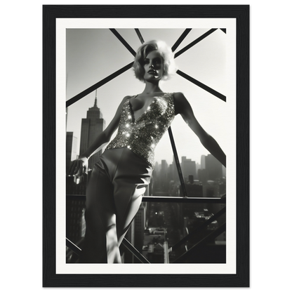 Black and white photograph of a woman in a glittery bodysuit posing against a city skyline.