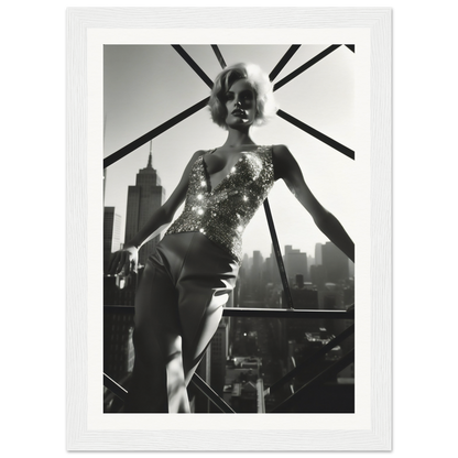 Black and white photograph of a woman in a sparkly bodysuit posing against a city skyline.