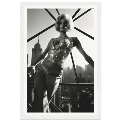 Woman in a glittering bodysuit posing against a cityscape backdrop.