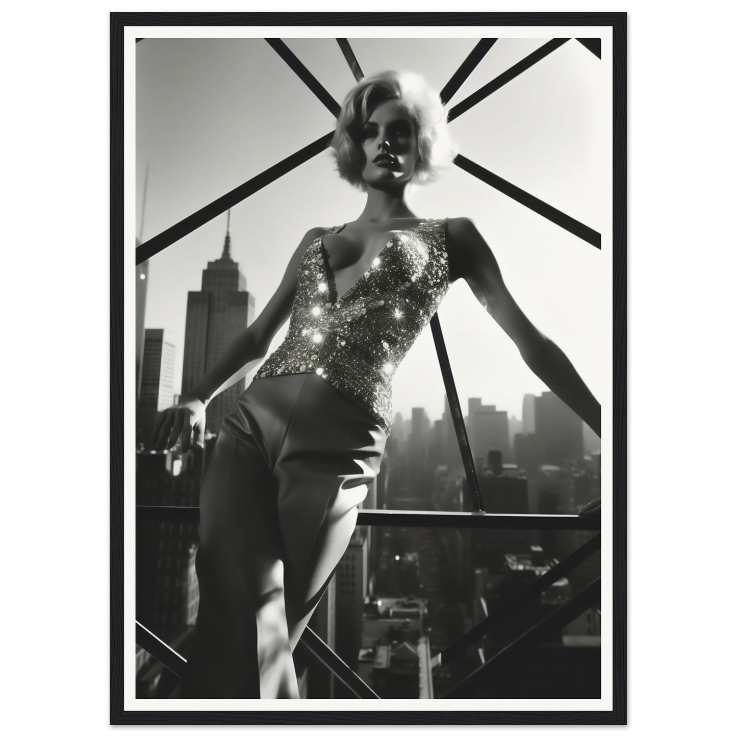 Woman in a sparkling bodysuit posing against a city skyline.