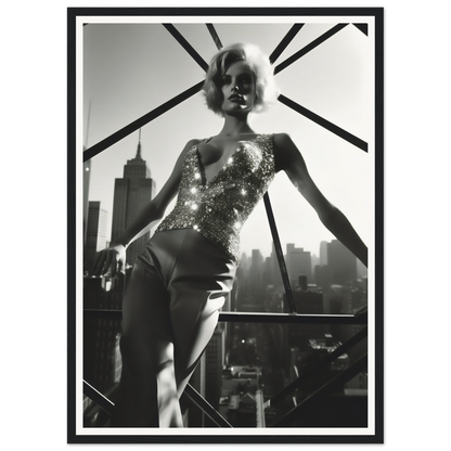 Woman in a sparkling bodysuit posing against a city skyline.