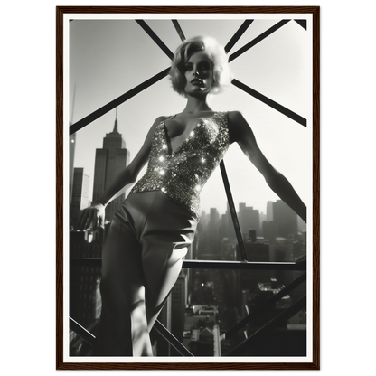 Black and white photograph of a woman in a sparkling bodysuit posing against a city skyline.