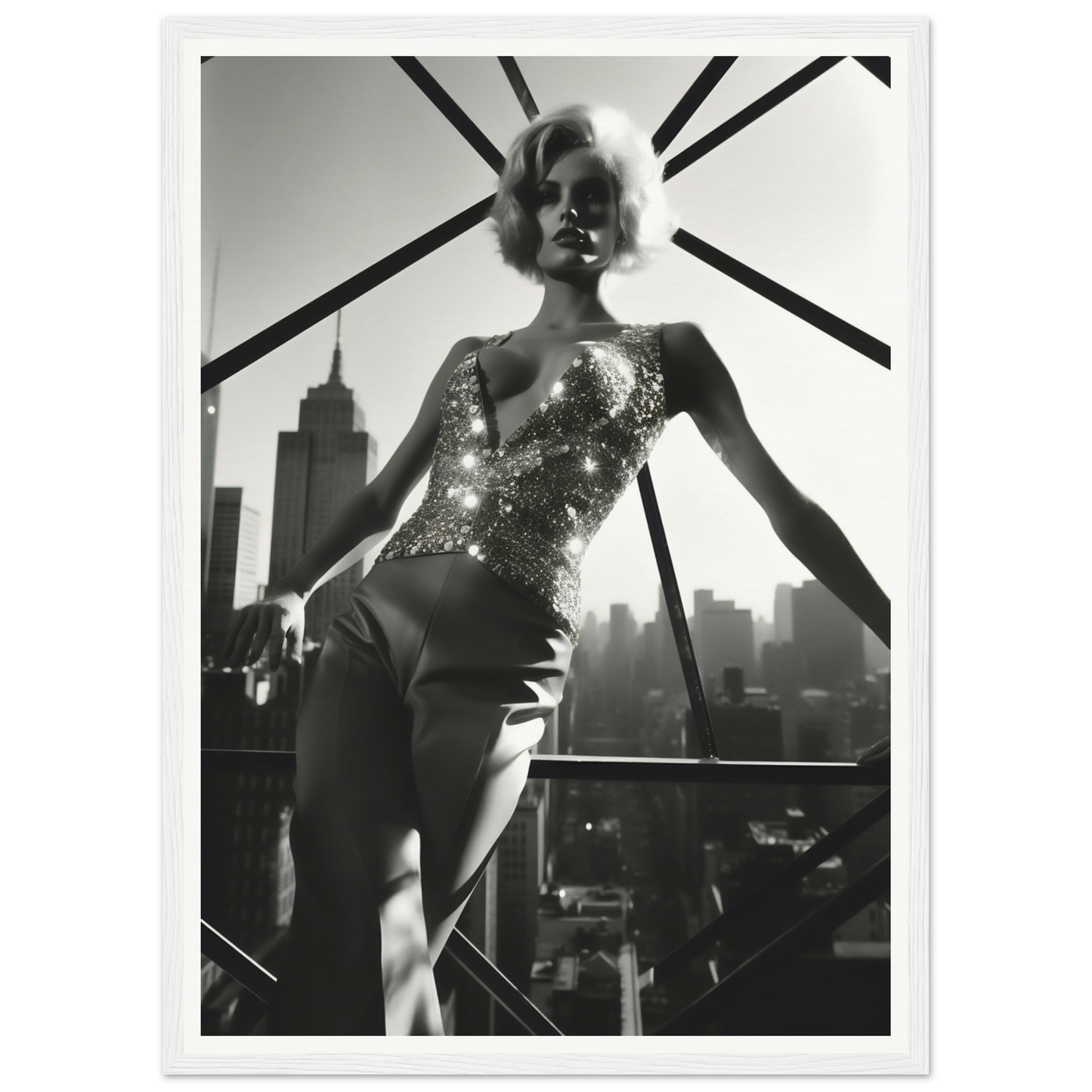 Woman in a glittering bodysuit posing dramatically against a cityscape backdrop.