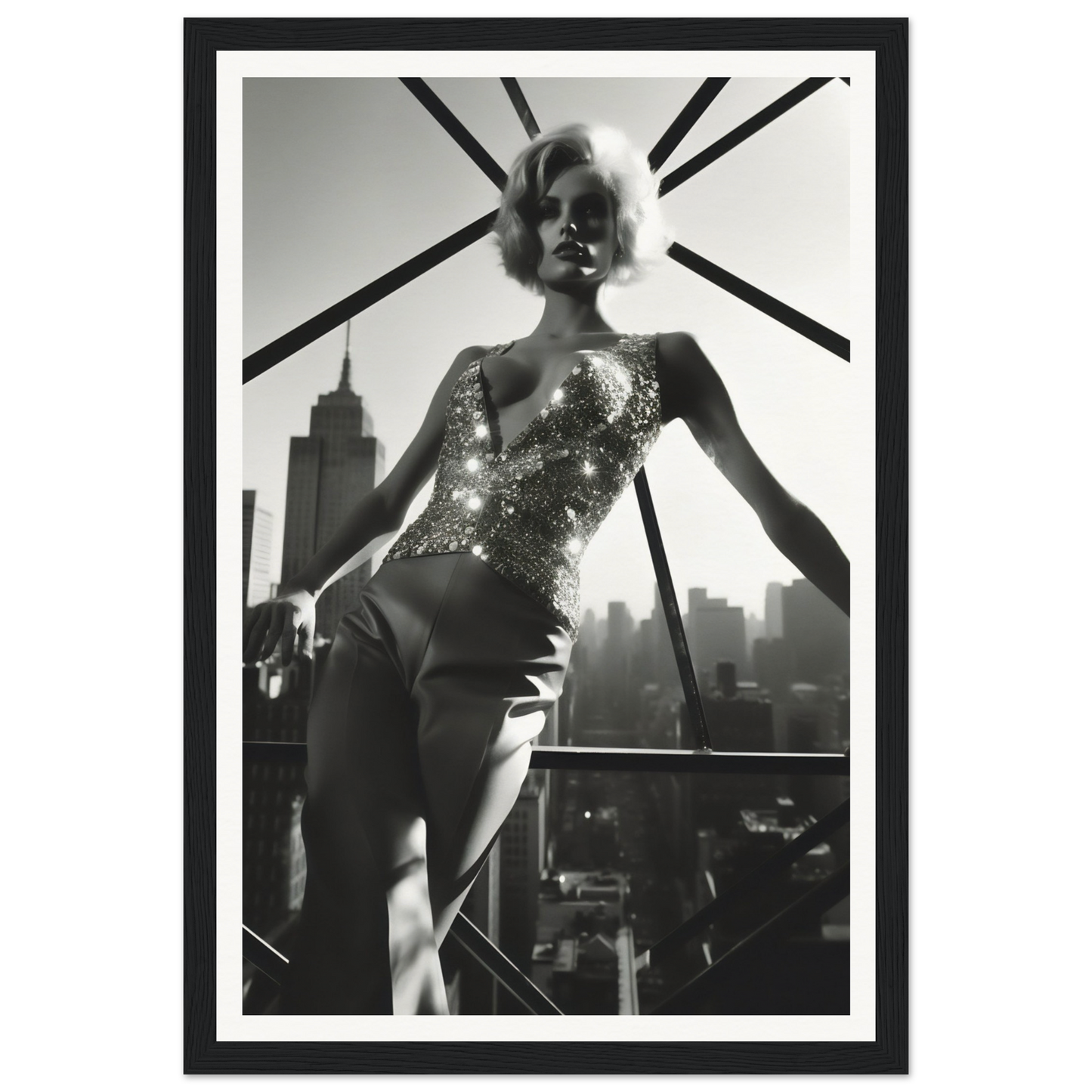 Black and white photograph of a woman in a glittering bodysuit posing against a city skyline.