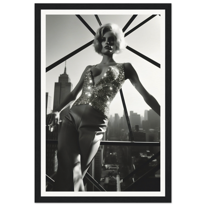 Black and white photograph of a woman in a glittering bodysuit posing against a city skyline.