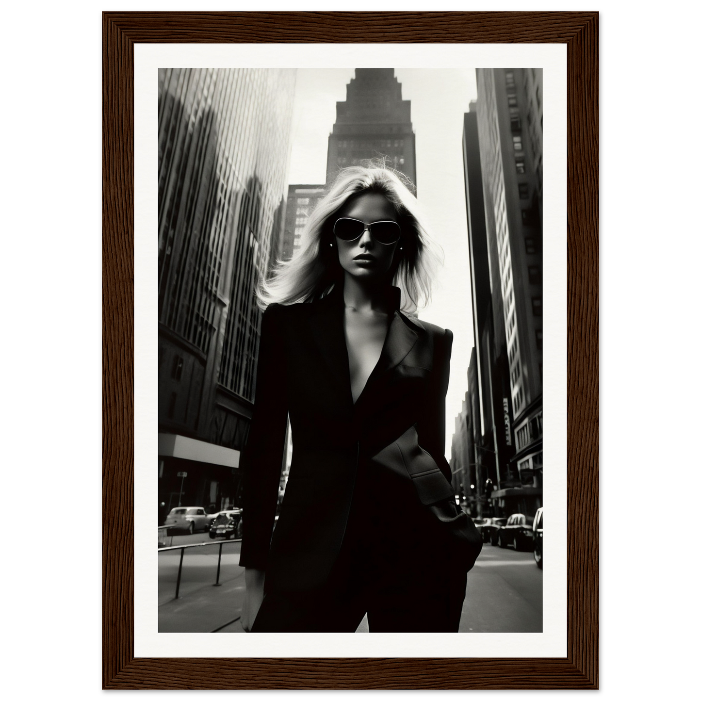 Black-and-white photograph of a stylish woman in a suit and sunglasses standing on a city street.