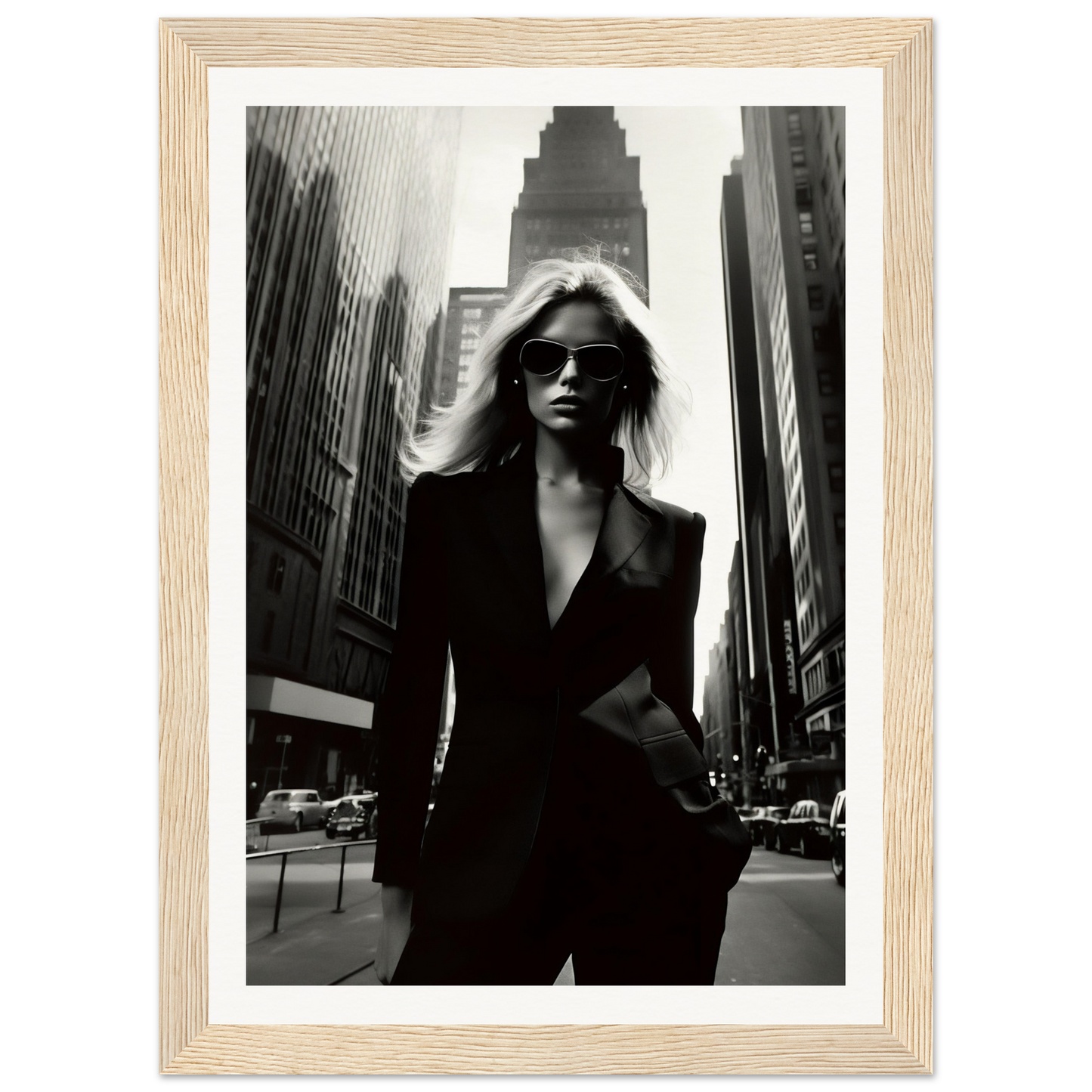 Stylish woman in a black suit and sunglasses standing confidently on a city street.