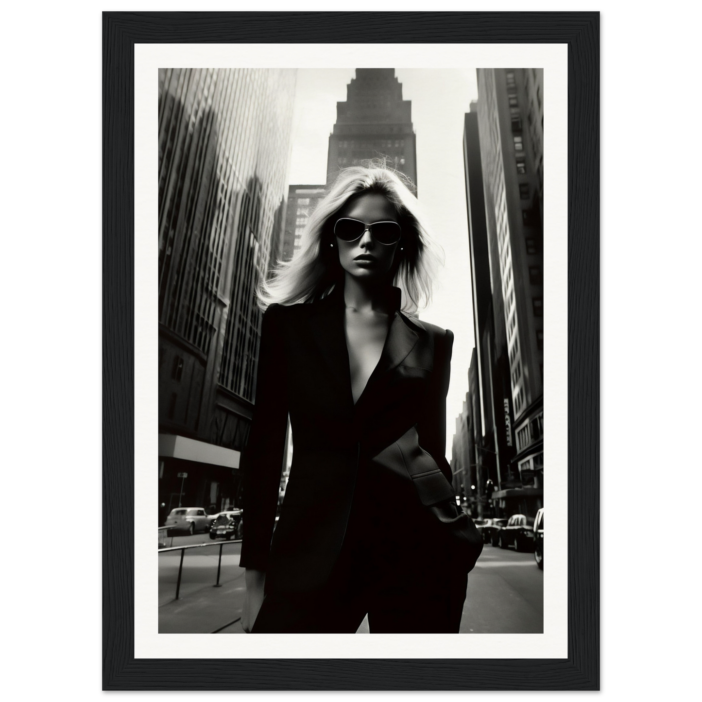 Black and white photograph of a woman in a dark suit and sunglasses standing on a city street.