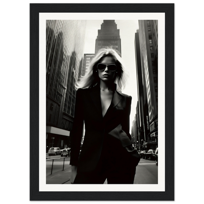 Black and white photograph of a woman in a dark suit and sunglasses standing on a city street.