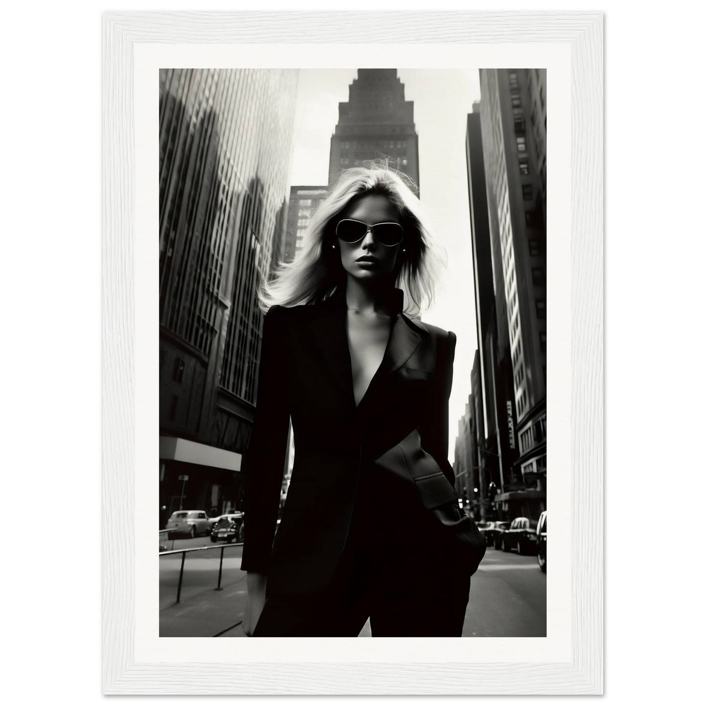 Stylish woman in a black suit and sunglasses standing confidently on a city street.