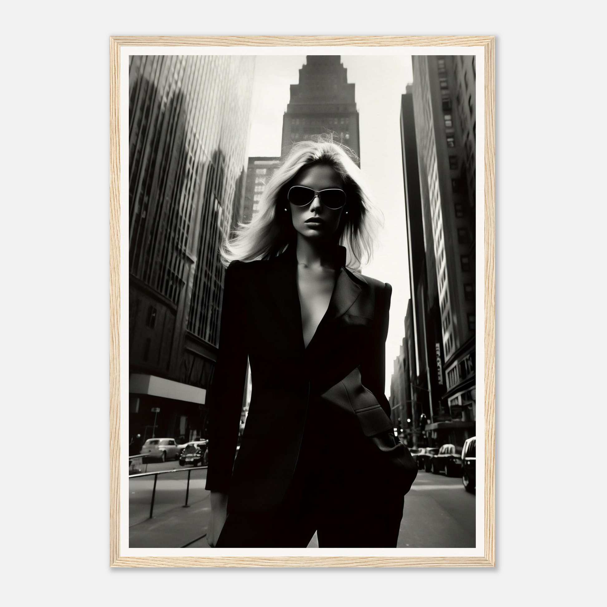 Stylish woman in a black suit and sunglasses standing confidently on a city street.