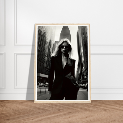 Black and white photograph of a stylish woman in a suit standing in a city street.