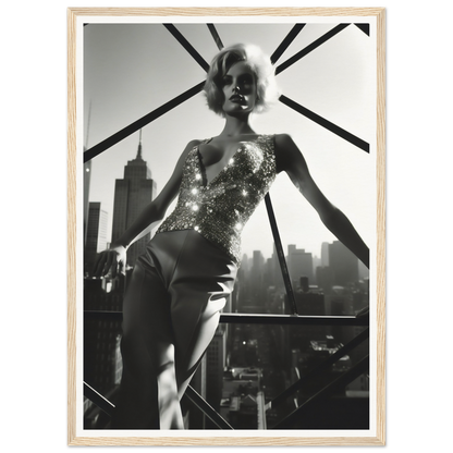 Woman in a sparkling bodysuit posing against a city skyline.