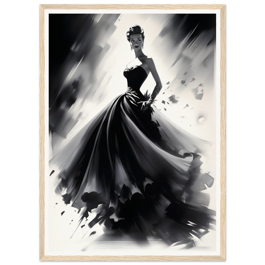 Elegant silhouette of a woman in a flowing black gown with dramatic movement.