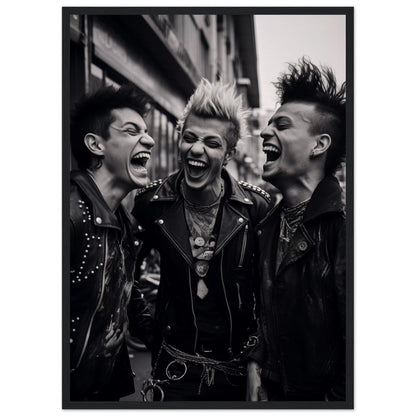 Three exuberant punk rockers with spiked hair laughing together.