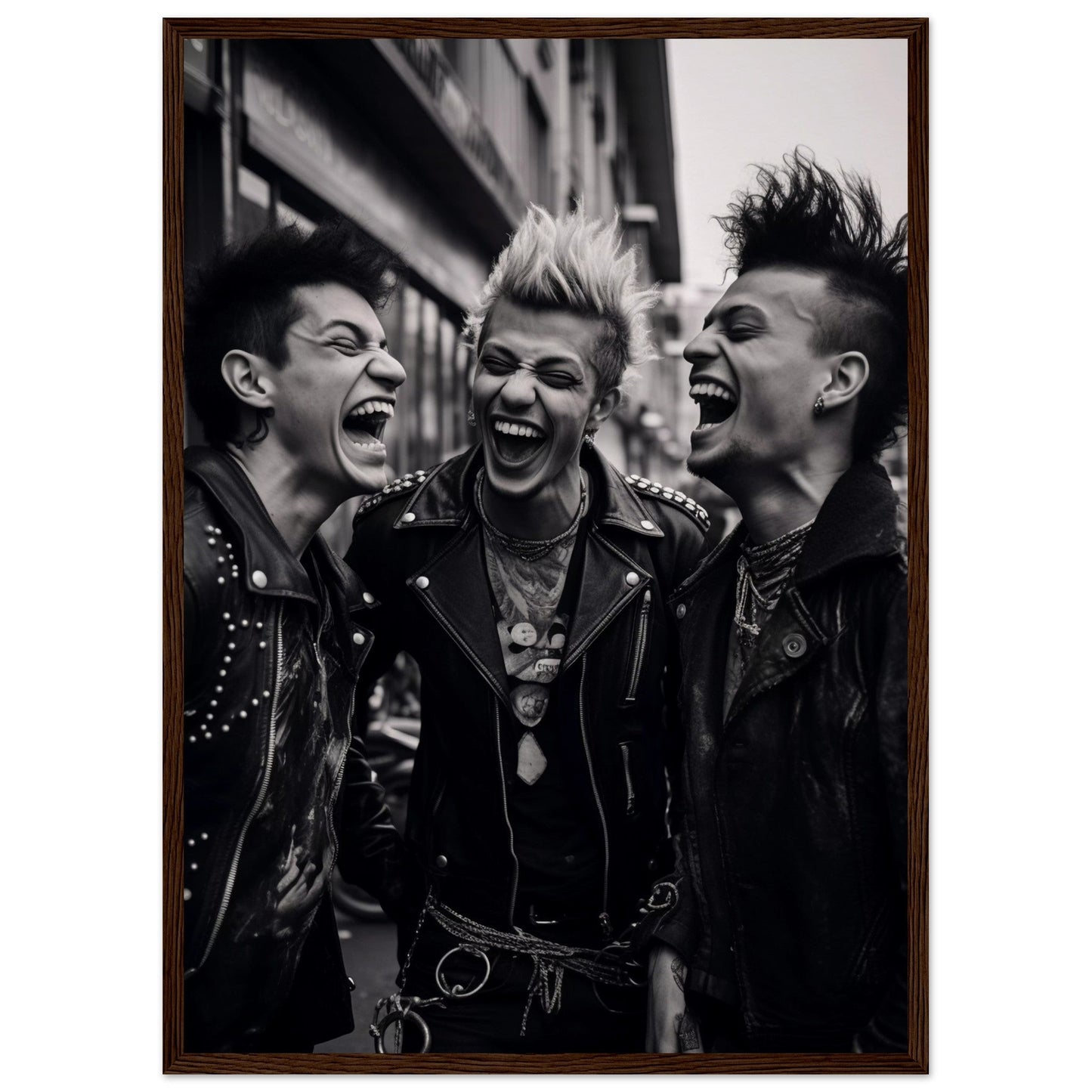 Three punk rockers laughing exuberantly together.