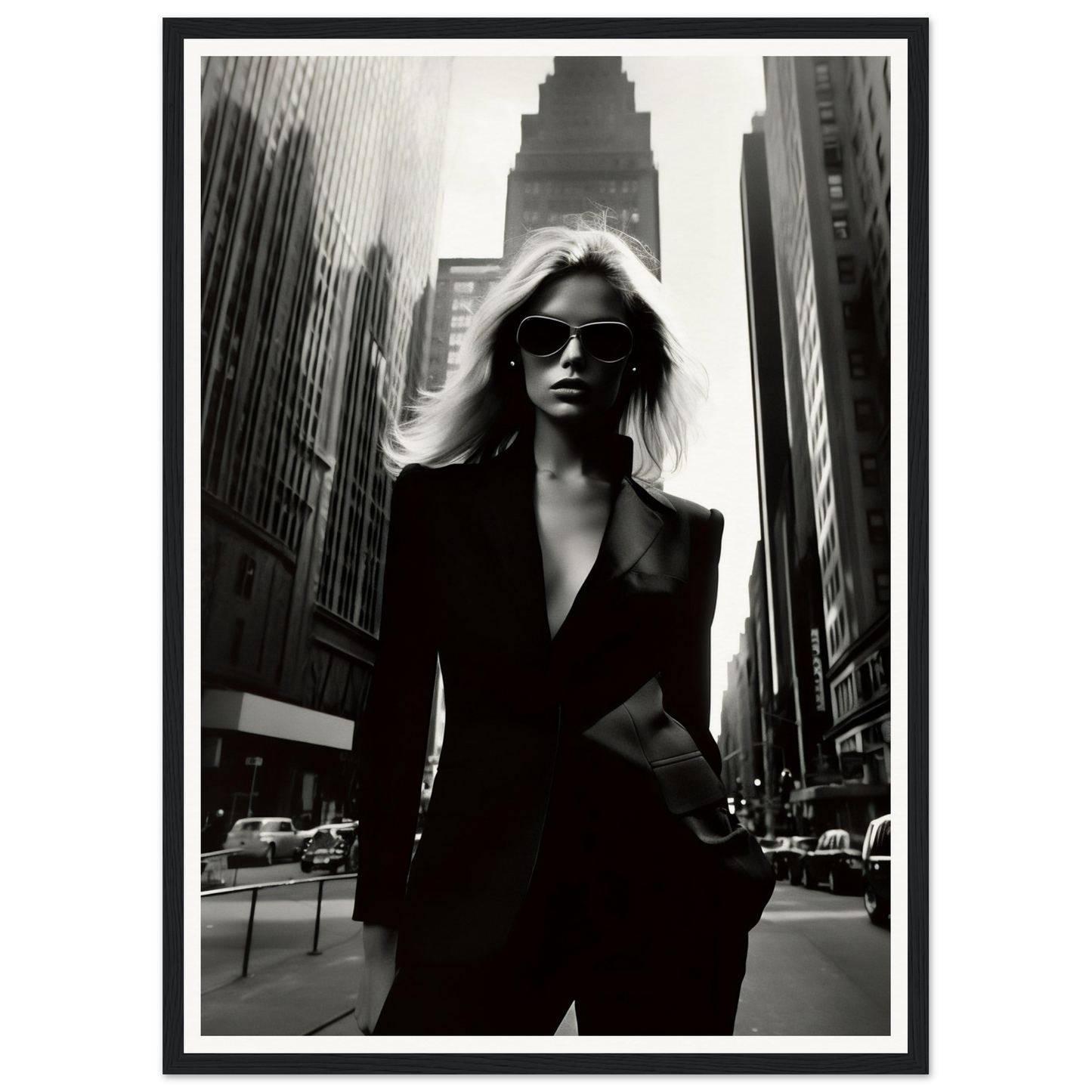 A stylish woman in a black suit and sunglasses standing confidently on a city street.