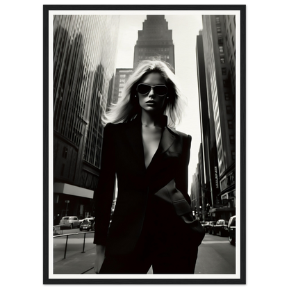 A stylish woman in a black suit and sunglasses standing confidently on a city street.