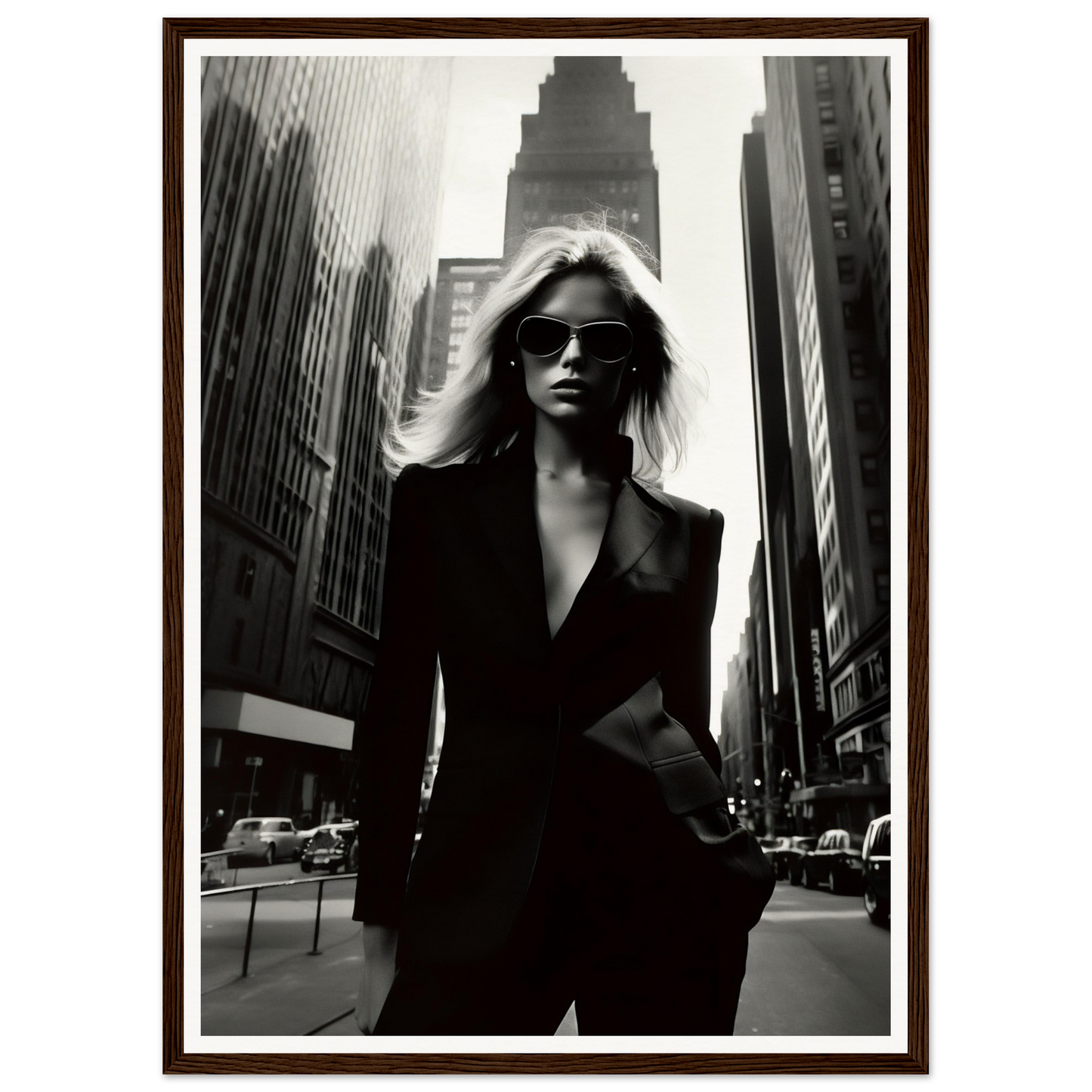 Stylish woman in a black suit and sunglasses standing confidently on a city street.