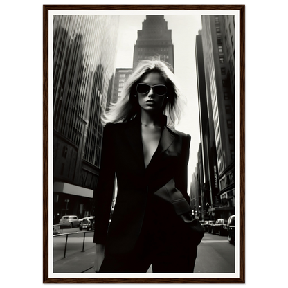 Stylish woman in a black suit and sunglasses standing confidently on a city street.