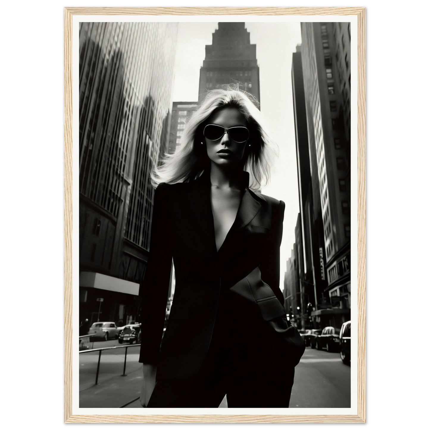 Stylish woman in a black suit and sunglasses standing confidently on a city street.