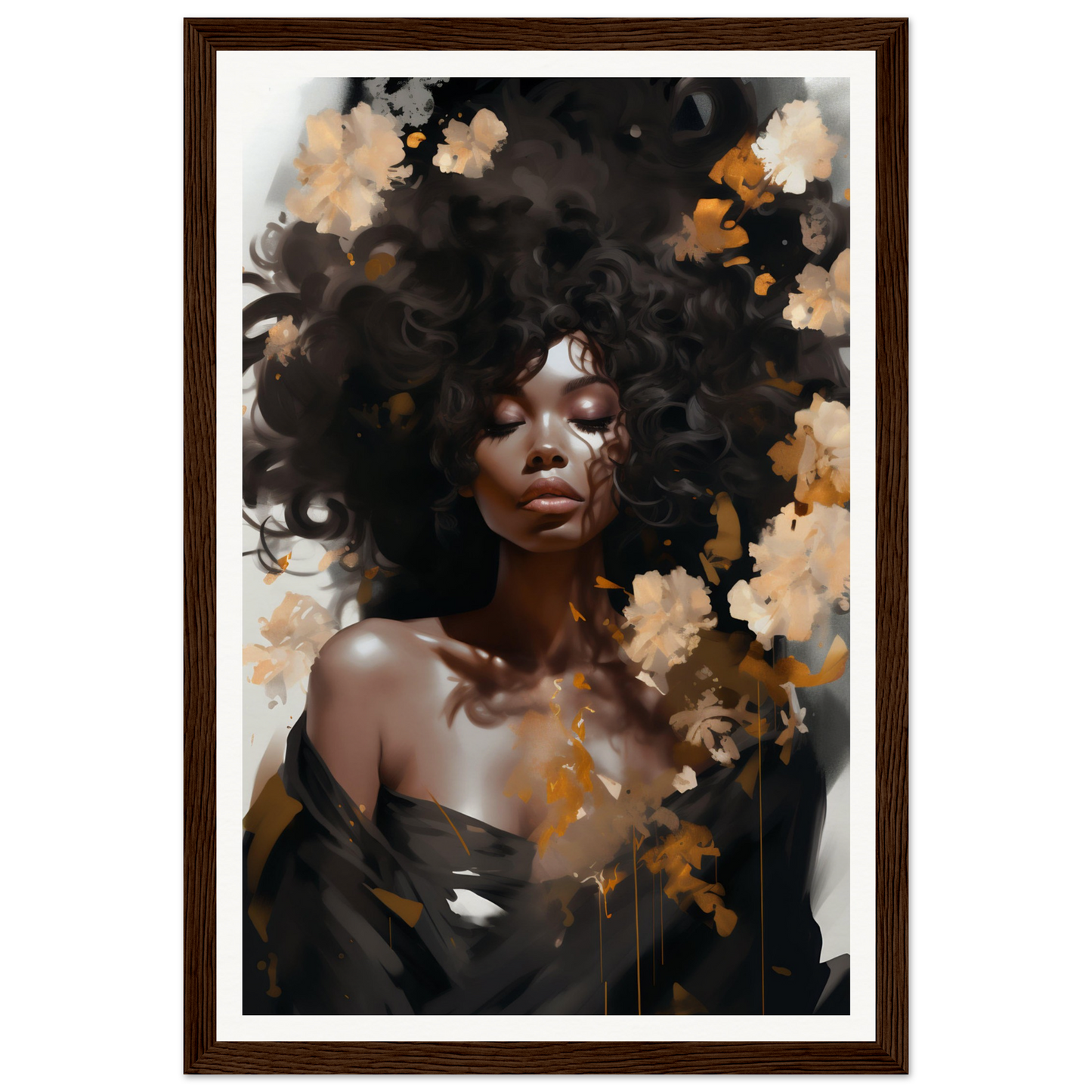 Portrait painting of a woman with voluminous natural hair adorned with golden flowers.