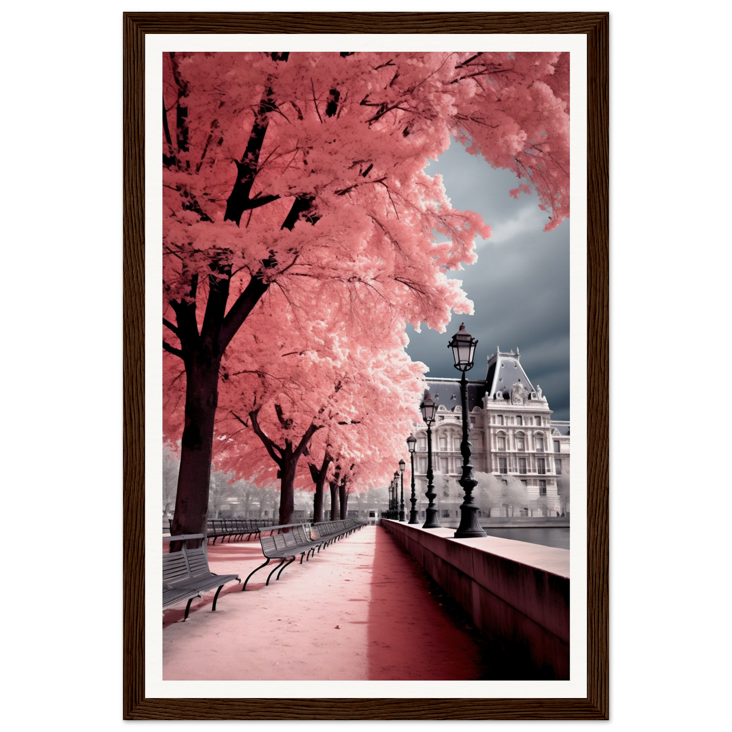 Framed photograph of a Parisian street scene with cherry blossom trees in vibrant pink.