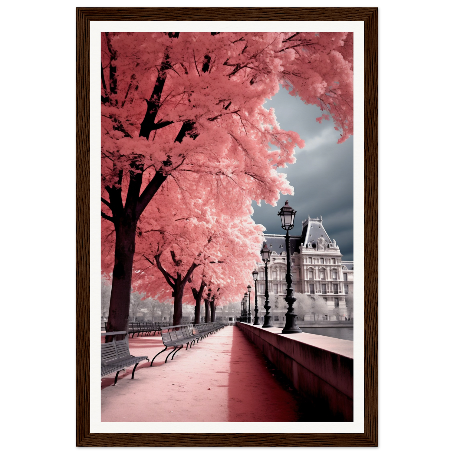 Framed photograph of a Parisian street scene with cherry blossom trees in vibrant pink.