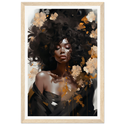 Portrait of a woman with voluminous natural hair adorned with flowers.