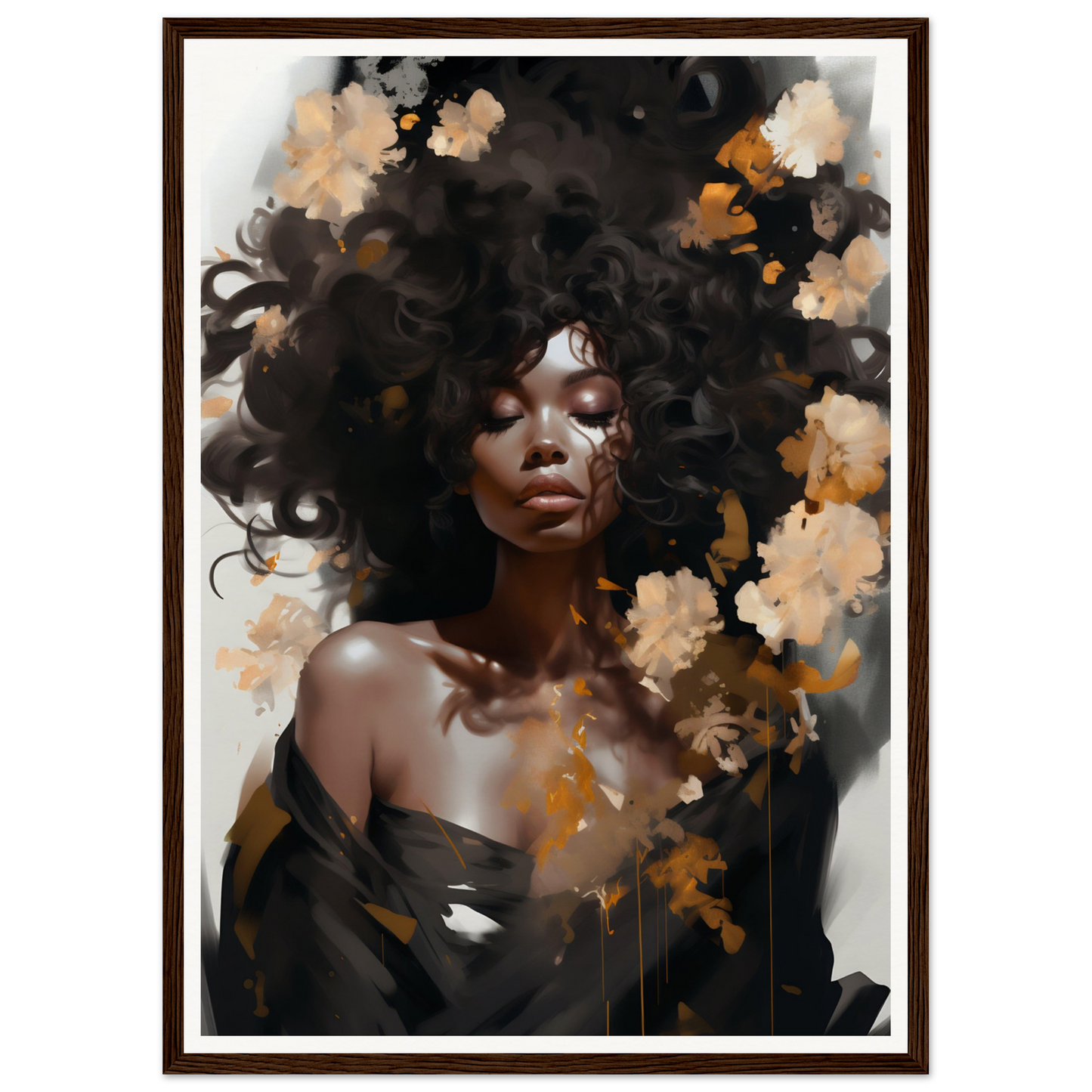 Portrait painting of a woman with voluminous dark hair surrounded by soft floral elements.