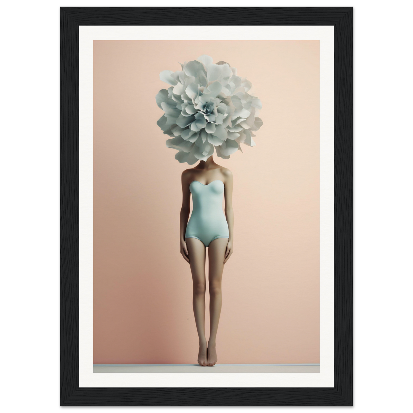 Surreal figure with a pale blue flower replacing the head, wearing a light blue swimsuit.