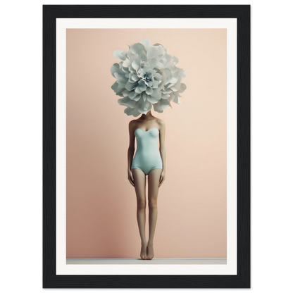 Surreal figure with a pale blue flower replacing the head, wearing a light blue swimsuit.