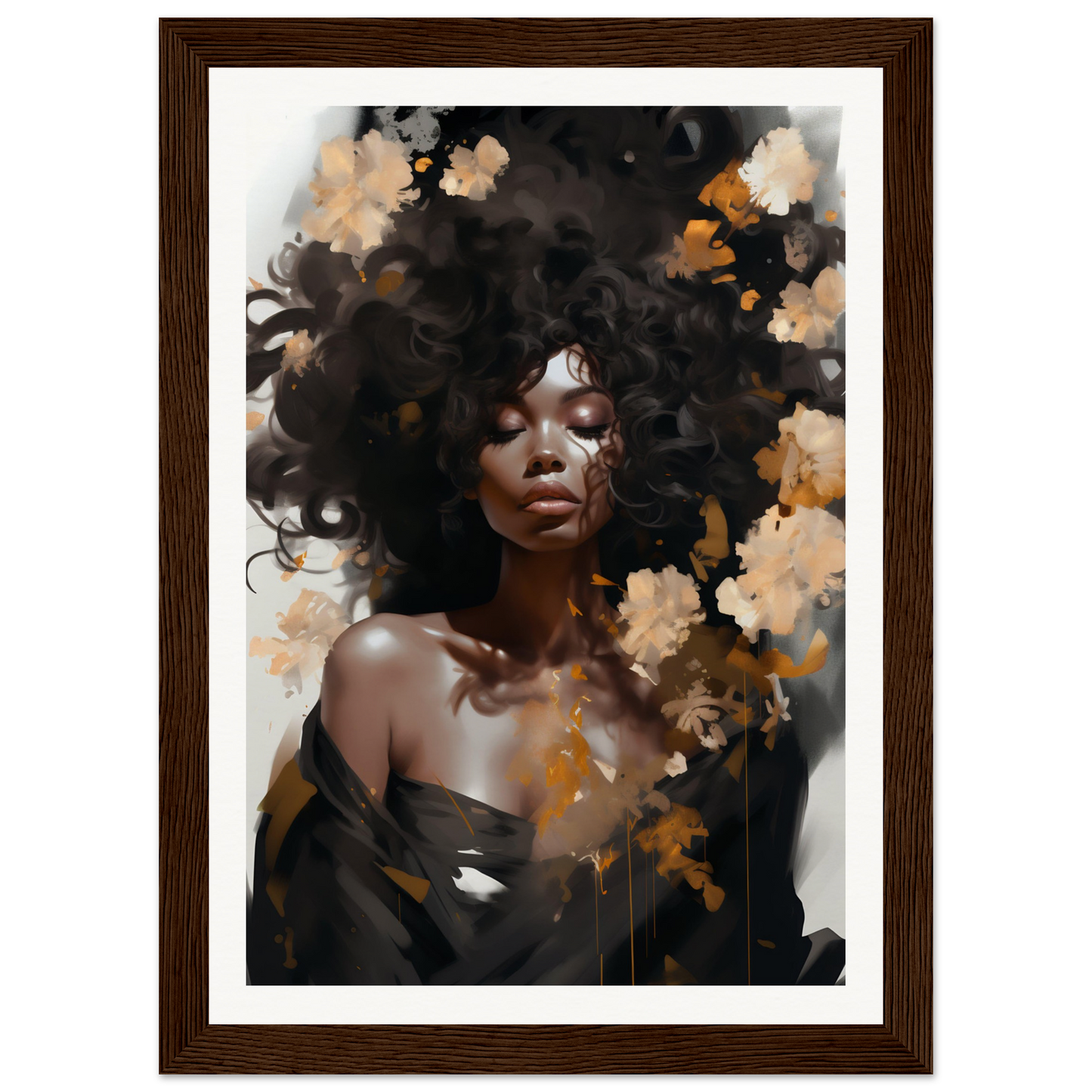 Portrait of a woman with voluminous natural hair surrounded by abstract floral elements.