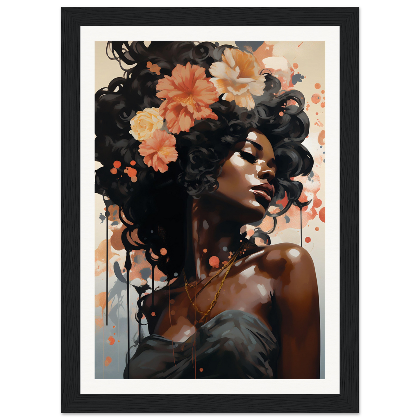 Framed portrait of a woman with flowers in her voluminous dark hair.