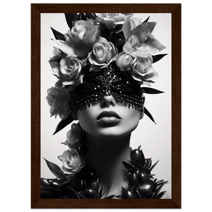 Artistic black and white portrait featuring a figure adorned with roses and an ornate eye covering.