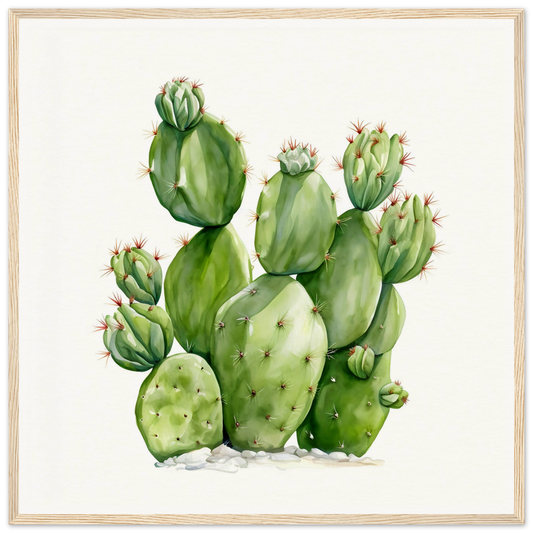 Watercolor painting of a prickly pear cactus with multiple pads and buds.