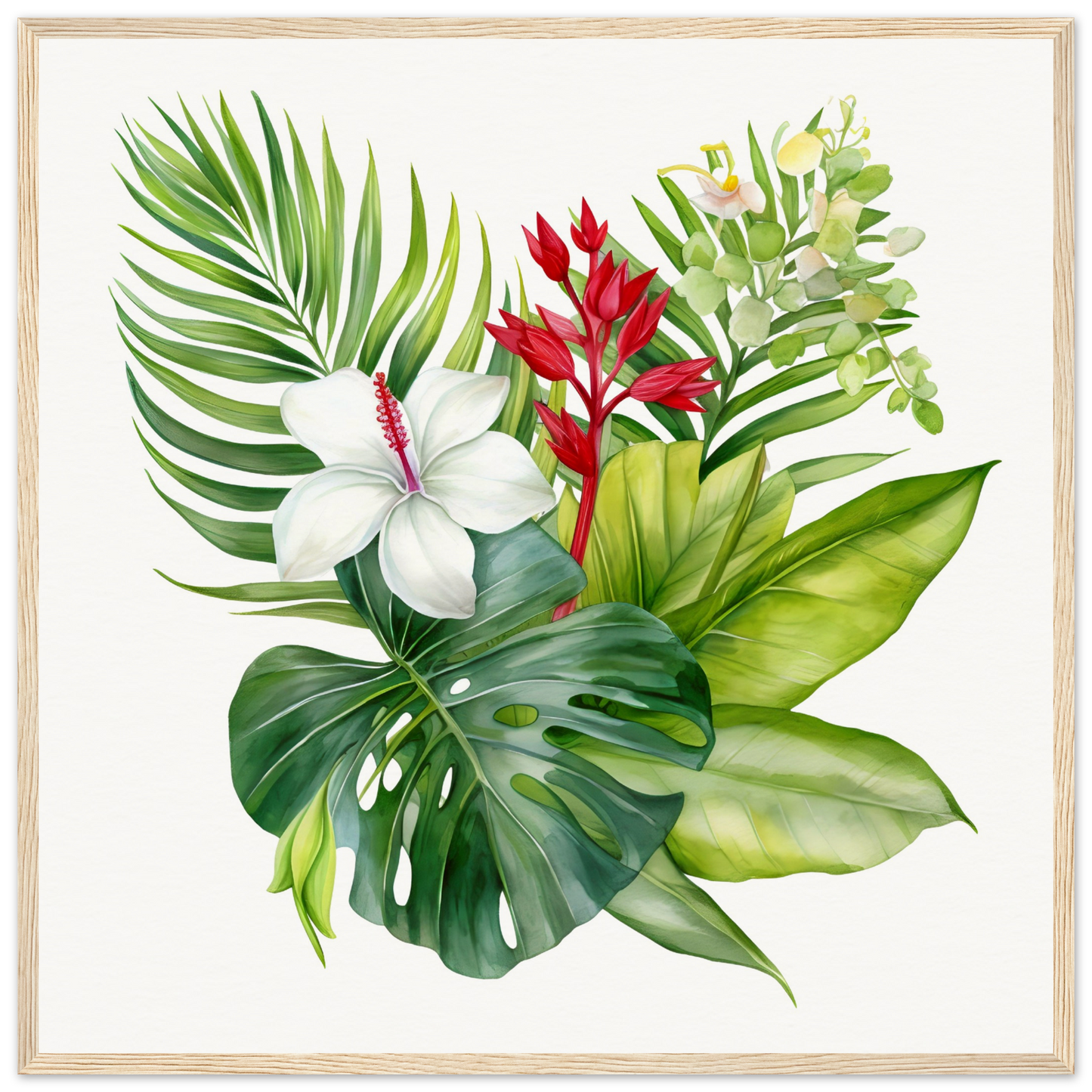 Tropical floral arrangement featuring palm leaves, monstera, white hibiscus, and red ginger flowers.