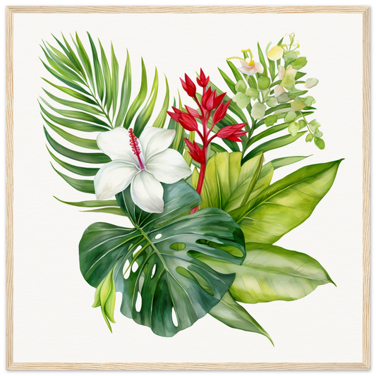 Tropical floral arrangement featuring palm leaves, monstera, white hibiscus, and red ginger flowers.