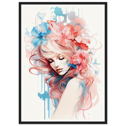 Artistic portrait of a woman with flowing pink hair adorned with floral elements in watercolor style.