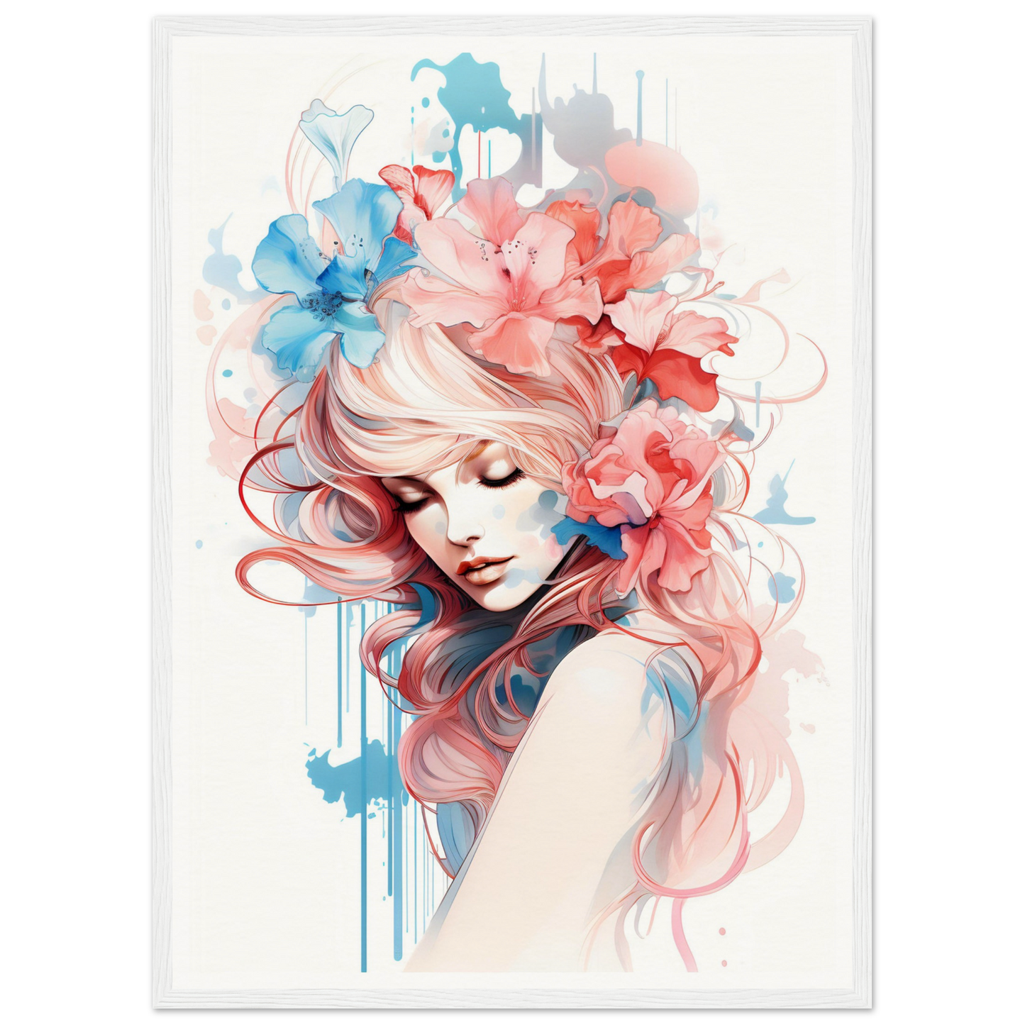 Artistic portrait of a woman with flowing pink hair adorned with floral elements in watercolor style.