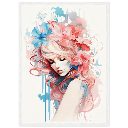 Artistic portrait of a woman with flowing pink hair adorned with floral elements in watercolor style.