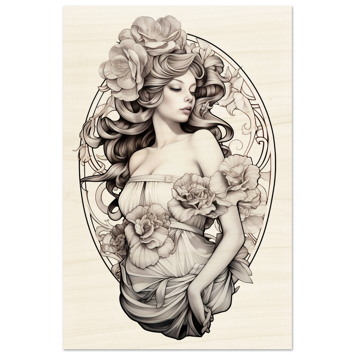 Elegant Art Nouveau-style illustration of a woman adorned with flowing hair and floral elements.