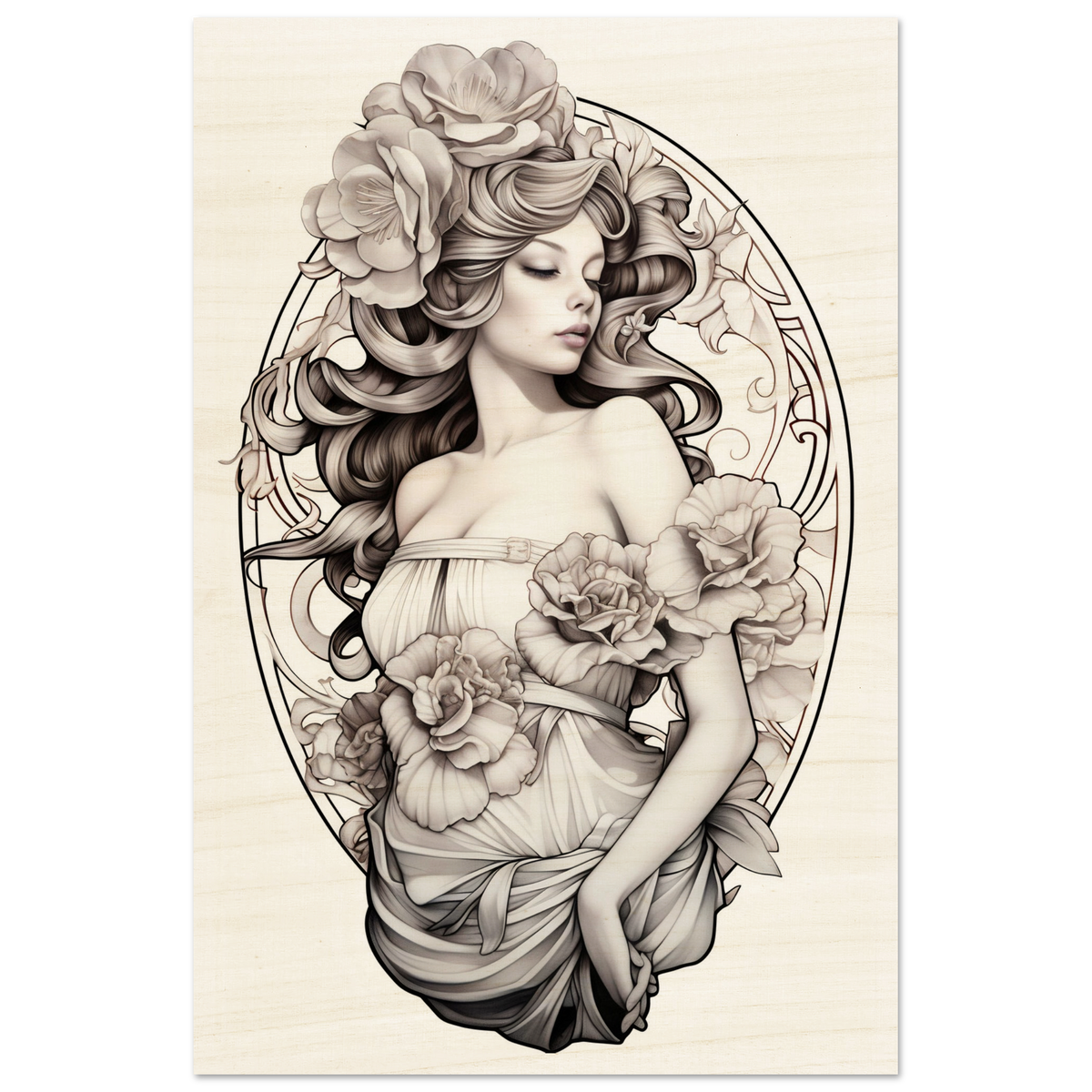 Elegant Art Nouveau-style illustration of a woman adorned with flowing hair and roses.