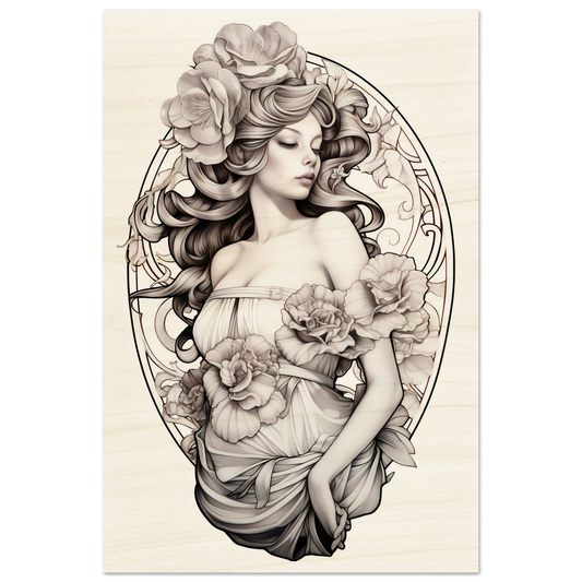 Elegant Art Nouveau-style illustration of a woman adorned with flowing hair and roses.